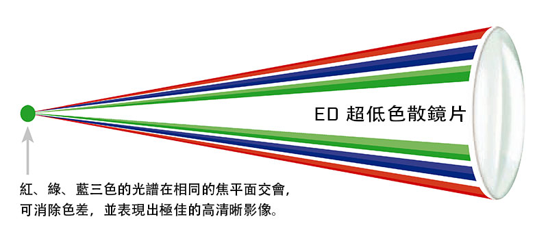 紅、綠、藍三色的光譜在相同的焦平面交會,可消除色差,並表現出極佳的高清晰影像。ED 超低色散鏡片