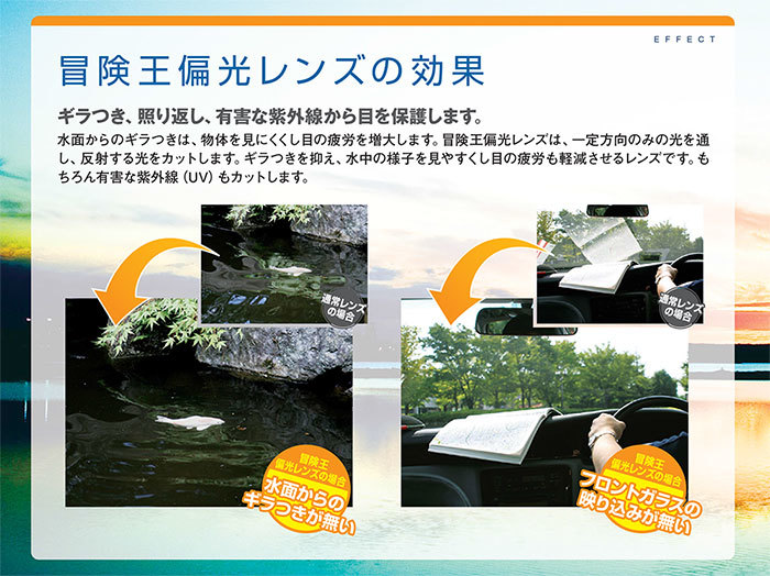EFFECT冒険王レンズの効果つき照り返し 有害な紫外線から目を保護します。水面からのギラつきは、物体を見にくくし目の疲労を増大します。 冒険王偏光レンズは、一定方向のみの光を通し、反射する光をカットします。 ギラつきを抑え、 水中の様子を見やすくし目の疲労も軽減させるレンズです。 もちろん有害な紫外線(UV) もカットします。通常レンズの場合偏光レンズの場合水面からのギラつきが無いレンズの場合光レンズの場合フロントガラスの映り込みが無い